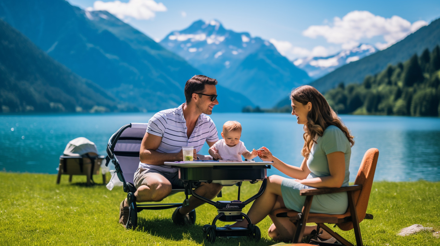 Familie mit Kleinkind sitzt bei einem Picknick am See in den Alpen, umgeben von Bergen und Sonnenschein. Familienurlaub Tirol.