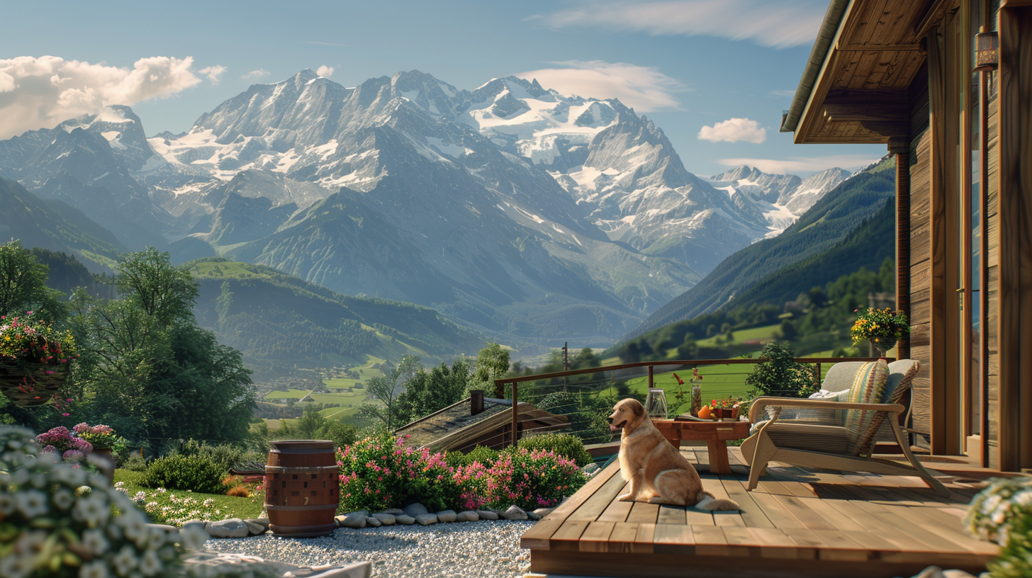 Hund liegt auf einer Sonnenterrasse vor einem Chalet mit Blick auf die imposanten, schneebedeckten Gipfel der Tiroler Alpen