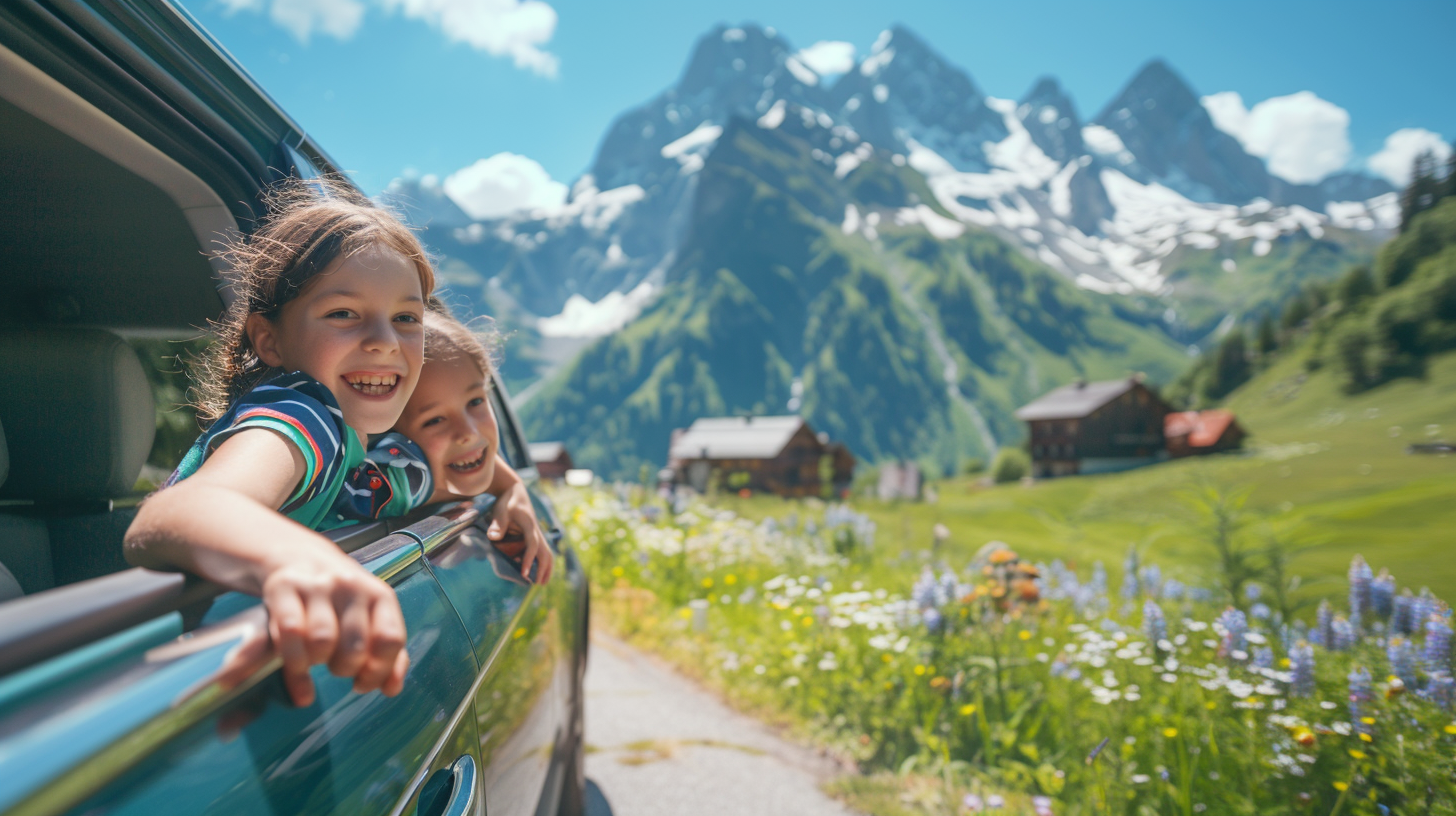 Zwei fröhliche Kinder lehnen aus dem Autofenster während einer sommerlichen Fahrt durch ein blühendes Alpendorf, im Vordergrund bunte Wildblumen, im Hintergrund majestätische schneebedeckte Berge und traditionelle Holzhäuser unter strahlend blauem Himmel.