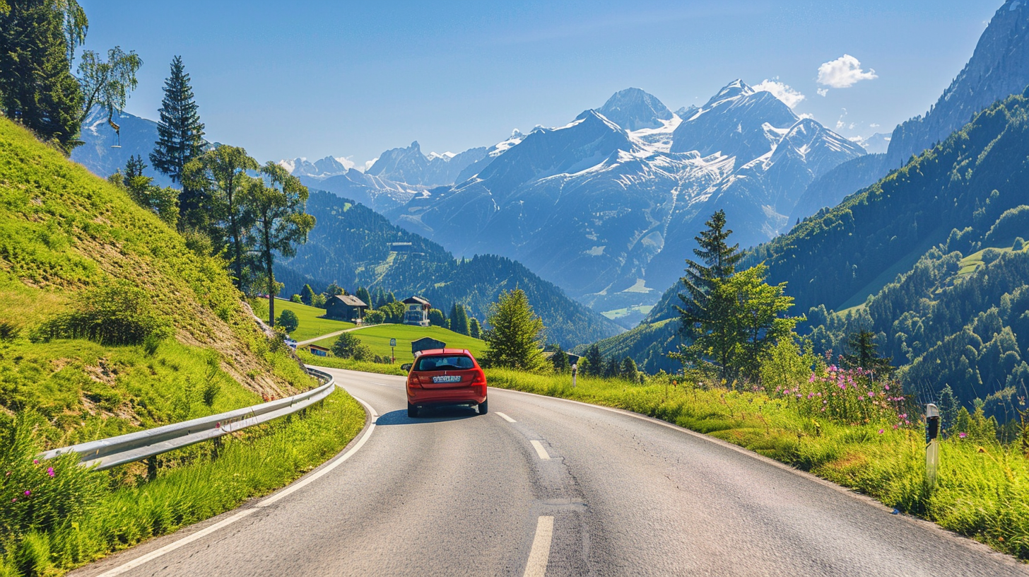 Familienauto fährt auf einer malerischen Bergstraße in Richtung Zillertal, Sommertag, saftig grüne Wiesen, alpine Landschaft, kurvige Straße, klarer blauer Himmel, schneebedeckte Berge im Hintergrund, gemütliches Dorf voraus