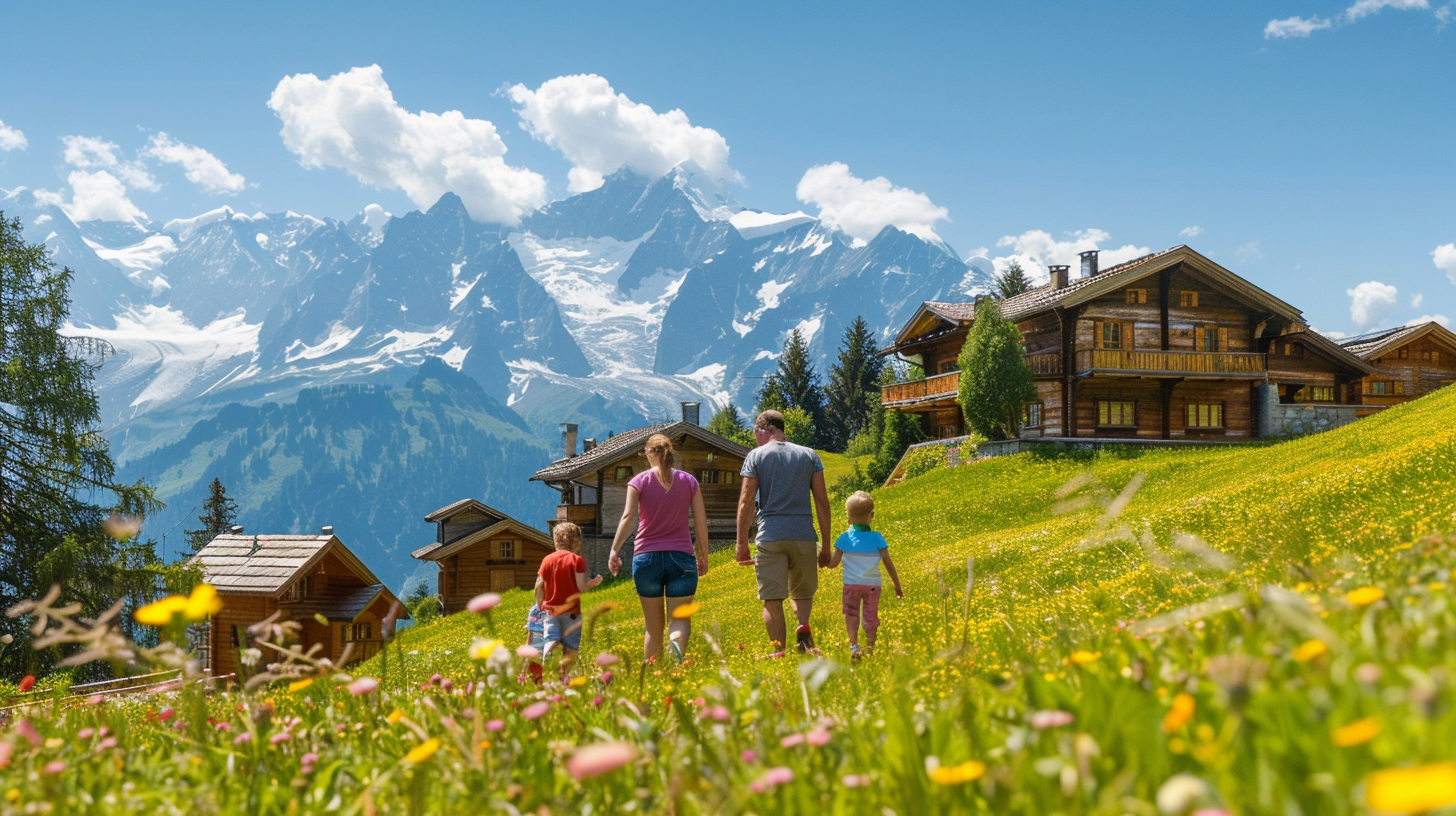 Glückliche Familie mit Kleinkindern genießt einen Sommerurlaub in den Alpen, Eltern spazieren mit kleinen Kindern durch eine sonnige Almwiese, im Hintergrund Holzhütten, schneebedeckte Berge und ein klarer blauer Himmel – eine friedliche und lebendige Atmosphäre.