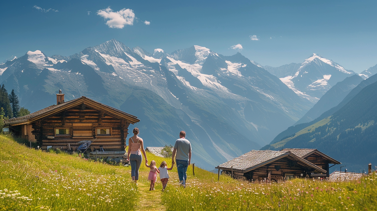 Junge Familie mit Kleinkinder spaziert auf einem Bergpfad zwischen traditionellen Almhütten, umgeben von bunten Wildblumen, im Hintergrund die beeindruckenden schneebedeckten Gipfel der Zillertaler Alpen unter strahlend blauem Sommerhimmel.