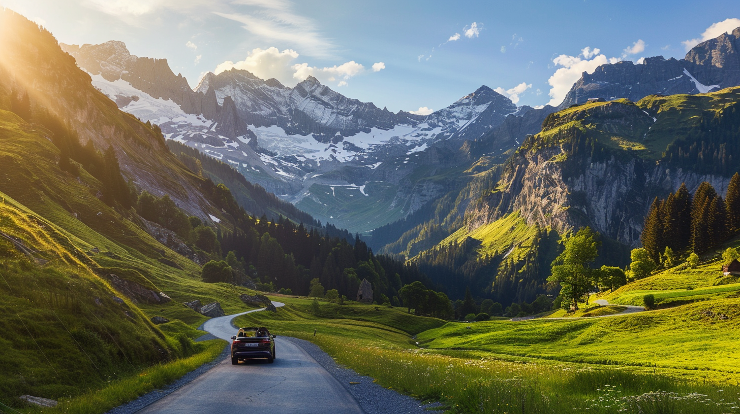 Rückansicht einer Familie in einem Cabrio, die durch ein Bergtal bei Sonnenuntergang fährt, grüne alpine Wiesen, kurvige Straße, majestätische schneebedeckte Gipfel in der Ferne, goldenes Abendlicht, friedliche und malerische Landschaft.