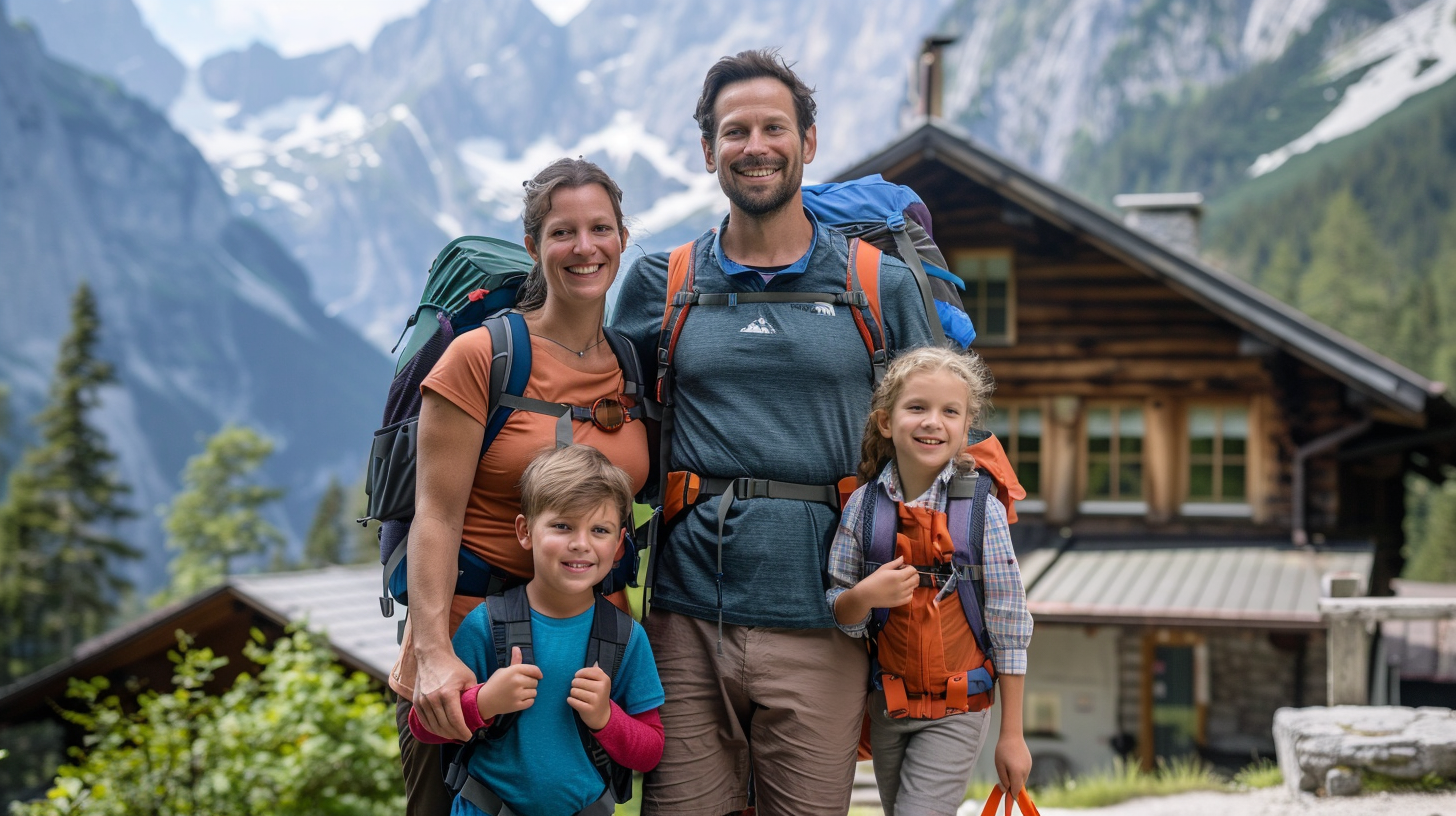 Glückliche Familie mit zwei Kindern beim Wanderurlaub in Tirol vor einer Almhütte und Bergkulisse